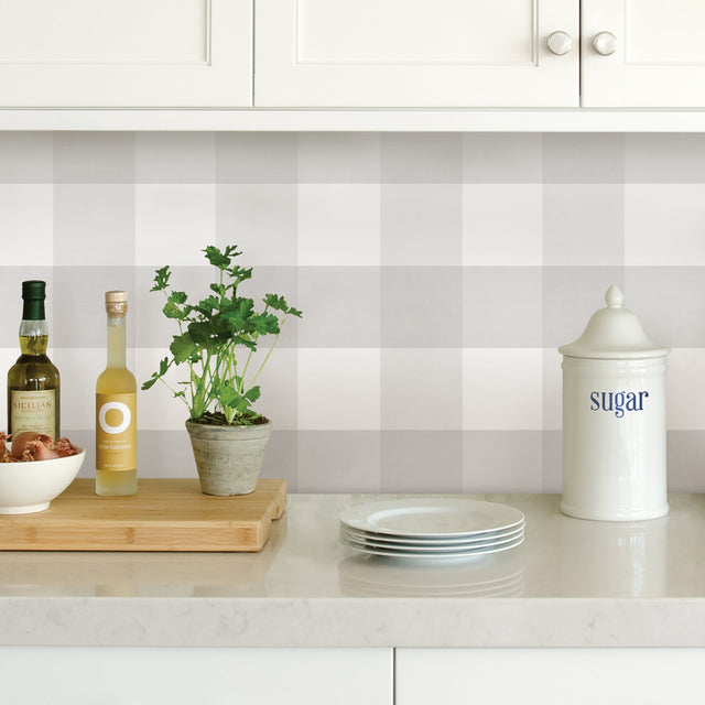 Farmhouse Plaid Grey Peel & Stick Wallpaper with Linen-Print Buffalo Check - NuWallpaper NUS2691