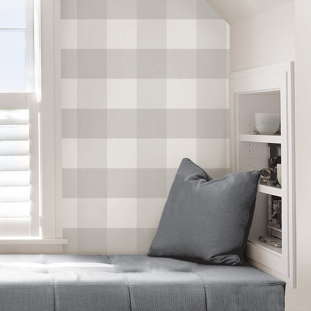 Farmhouse Plaid Grey Peel & Stick Wallpaper with Linen-Print Buffalo Check - NuWallpaper NUS2691
