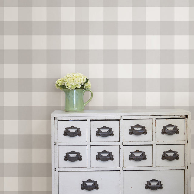 Farmhouse Plaid Grey Peel & Stick Wallpaper with Linen-Print Buffalo Check - NuWallpaper NUS2691