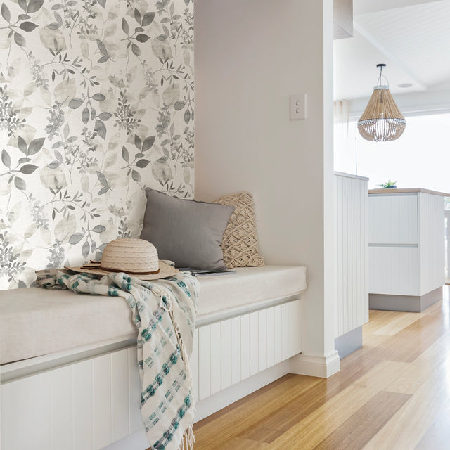 Breezy Grey Peel & Stick Wallpaper with Botanical Leaves - NuWallpaper NUS3144