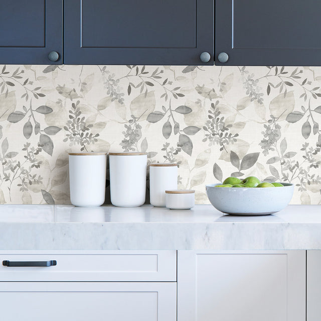 Breezy Grey Peel & Stick Wallpaper with Botanical Leaves - NuWallpaper NUS3144