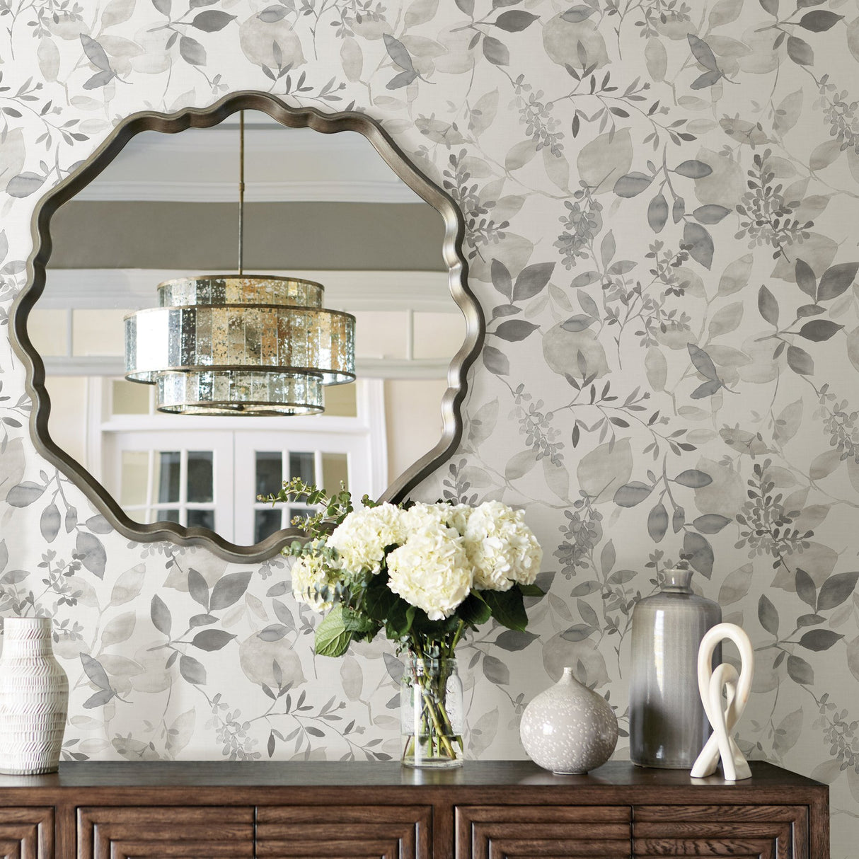 Breezy Grey Peel & Stick Wallpaper with Botanical Leaves - NuWallpaper NUS3144