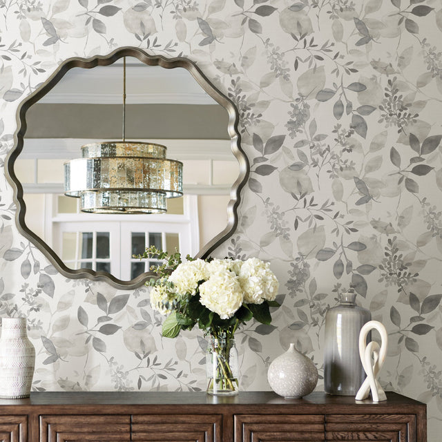 Breezy Grey Peel & Stick Wallpaper with Botanical Leaves - NuWallpaper NUS3144