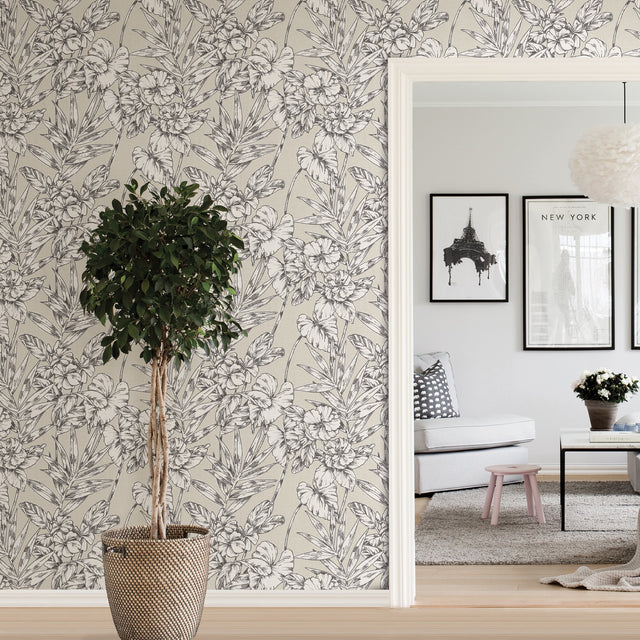 Cayman Grey Peel & Stick Wallpaper with Botanical Floral Pattern - NuWallpaper NUS3145