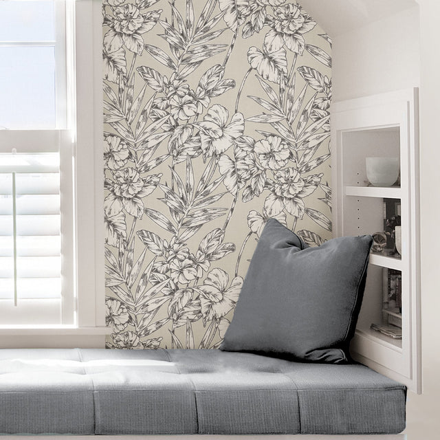 Cayman Grey Peel & Stick Wallpaper with Botanical Floral Pattern - NuWallpaper NUS3145