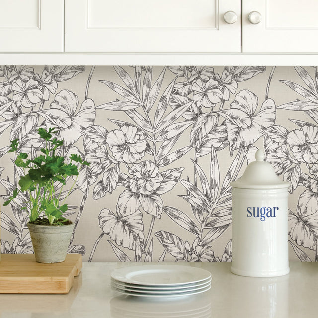 Cayman Grey Peel & Stick Wallpaper with Botanical Floral Pattern - NuWallpaper NUS3145