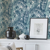 Maui Blue Peel & Stick Wallpaper with Tropical Botanical Leaf Pattern - NuWallpaper NUS3148