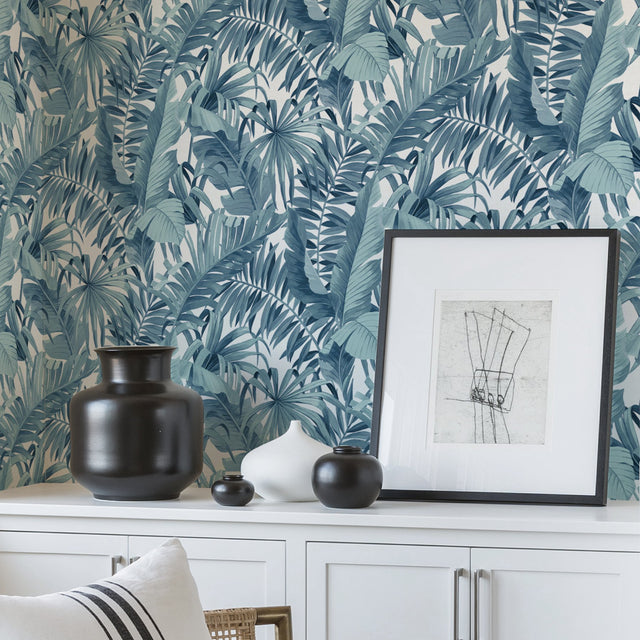 Maui Blue Peel & Stick Wallpaper with Tropical Botanical Leaf Pattern - NuWallpaper NUS3148