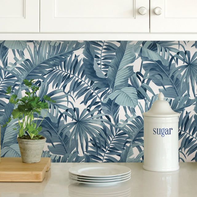 Maui Blue Peel & Stick Wallpaper with Tropical Botanical Leaf Pattern - NuWallpaper NUS3148