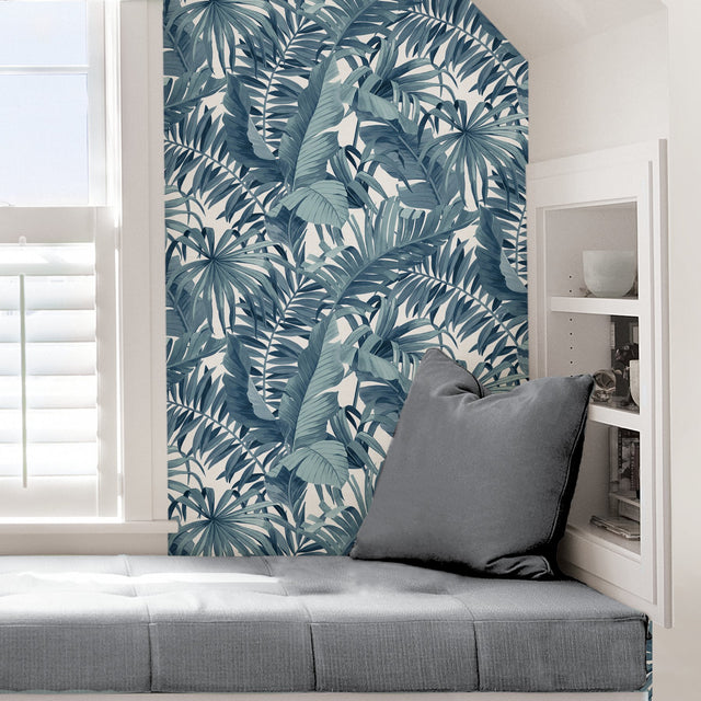 Maui Blue Peel & Stick Wallpaper with Tropical Botanical Leaf Pattern - NuWallpaper NUS3148