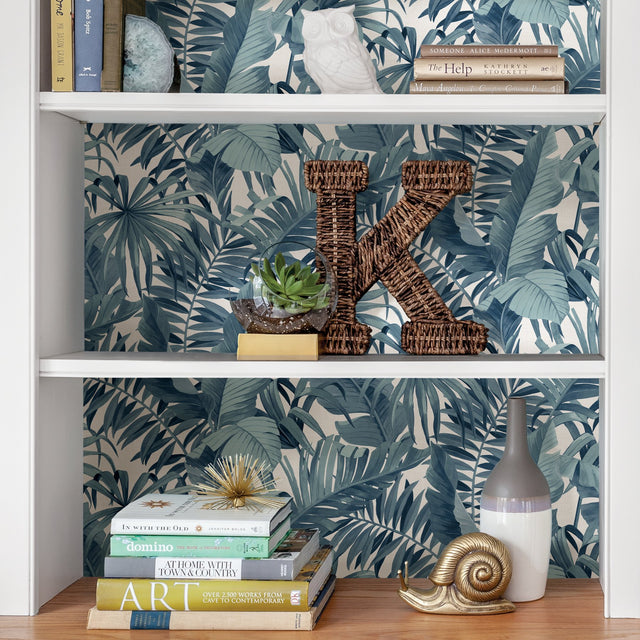 Maui Blue Peel & Stick Wallpaper with Tropical Botanical Leaf Pattern - NuWallpaper NUS3148