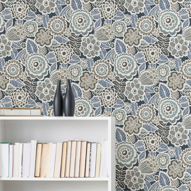 Dream On Navy Peel & Stick Floral Wallpaper with Modern Vintage Flowers - NuWallpaper NUS3160
