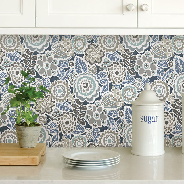 Dream On Navy Peel & Stick Floral Wallpaper with Modern Vintage Flowers - NuWallpaper NUS3160