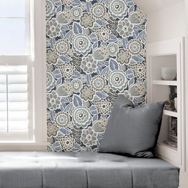 Dream On Navy Peel & Stick Floral Wallpaper with Modern Vintage Flowers - NuWallpaper NUS3160