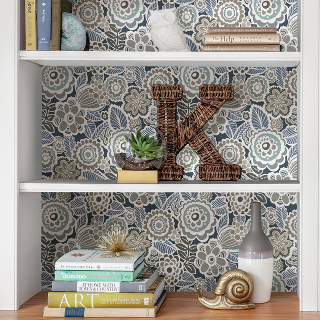 Dream On Navy Peel & Stick Floral Wallpaper with Modern Vintage Flowers - NuWallpaper NUS3160