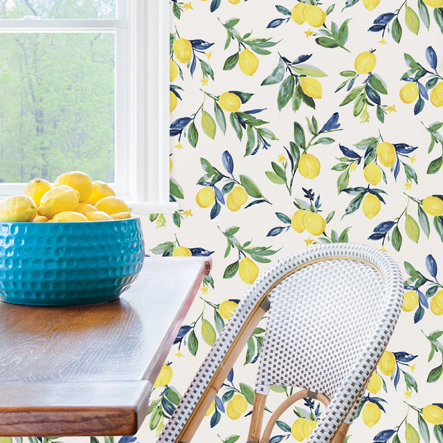 Lemon Drop Yellow Peel & Stick Wallpaper with Vintage Lemon Motif - NuWallpaper NUS3161