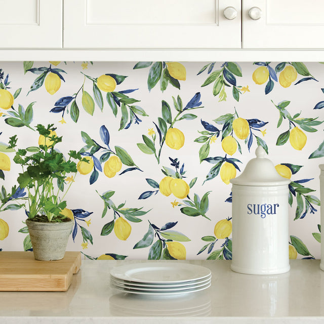 Lemon Drop Yellow Peel & Stick Wallpaper with Vintage Lemon Motif - NuWallpaper NUS3161