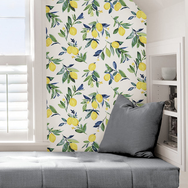 Lemon Drop Yellow Peel & Stick Wallpaper with Vintage Lemon Motif - NuWallpaper NUS3161
