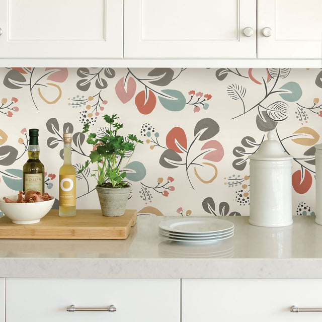 Astrilde Multicolor Peel & Stick Wallpaper with Scandinavian Botanical Trails - NuWallpaper NUS3259