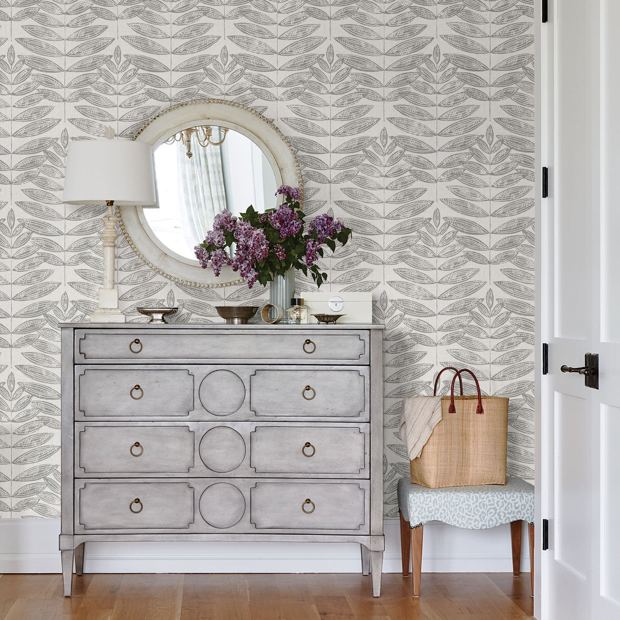 Terrain Grey Peel & Stick Wallpaper with Scandinavian Botanical Leaf Pattern - NuWallpaper NUS3263