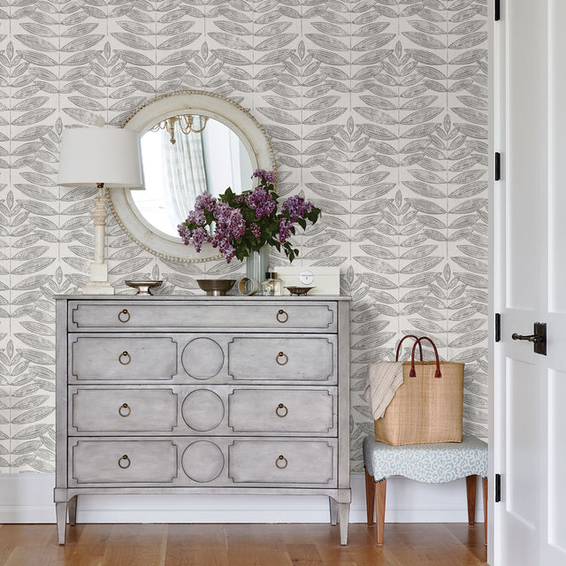 Terrain Grey Peel & Stick Wallpaper with Scandinavian Botanical Leaf Pattern - NuWallpaper NUS3263