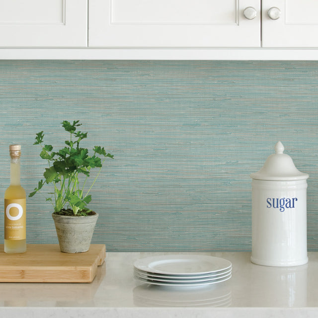 Tibetan Grasscloth Teal Peel & Stick Wallpaper with Faux Grasscloth Pattern - NuWallpaper NUS3337