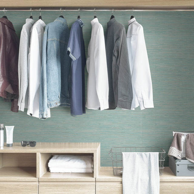 Tibetan Grasscloth Teal Peel & Stick Wallpaper with Faux Grasscloth Pattern - NuWallpaper NUS3337