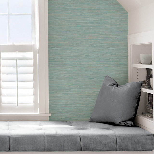 Tibetan Grasscloth Teal Peel & Stick Wallpaper with Faux Grasscloth Pattern - NuWallpaper NUS3337