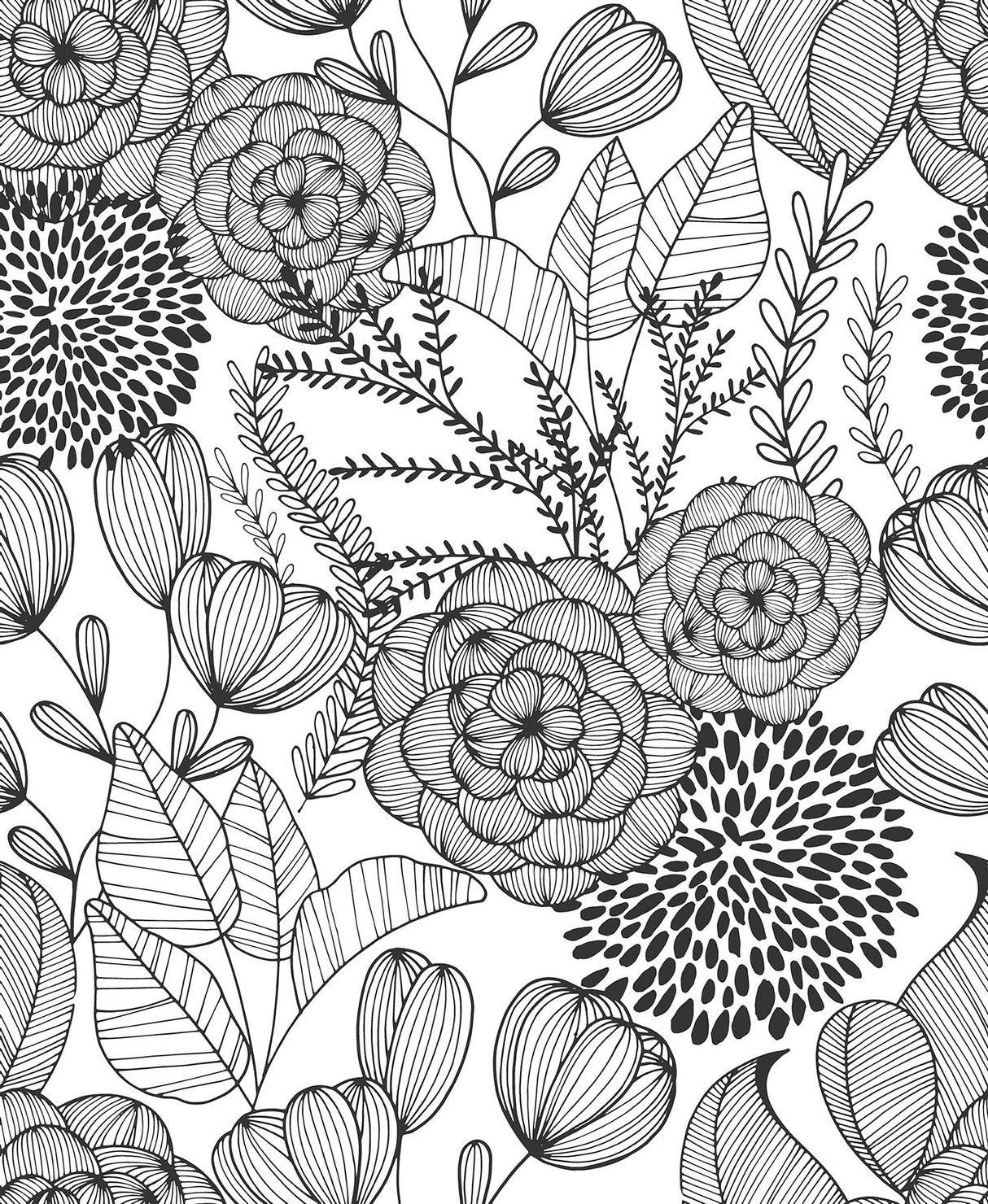 Secret Garden Black Peel & Stick Wallpaper with Whimsical Botanical Floral Pattern - NuWallpaper NUS3501