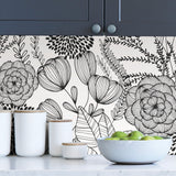 Secret Garden Black Peel & Stick Wallpaper with Whimsical Botanical Floral Pattern - NuWallpaper NUS3501