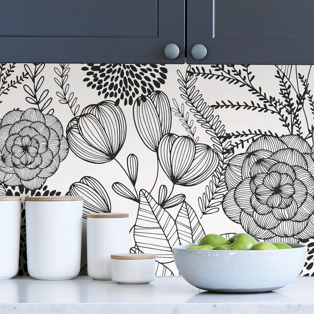 Secret Garden Black Peel & Stick Wallpaper with Whimsical Botanical Floral Pattern - NuWallpaper NUS3501