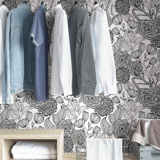Secret Garden Black Peel & Stick Wallpaper with Whimsical Botanical Floral Pattern - NuWallpaper NUS3501