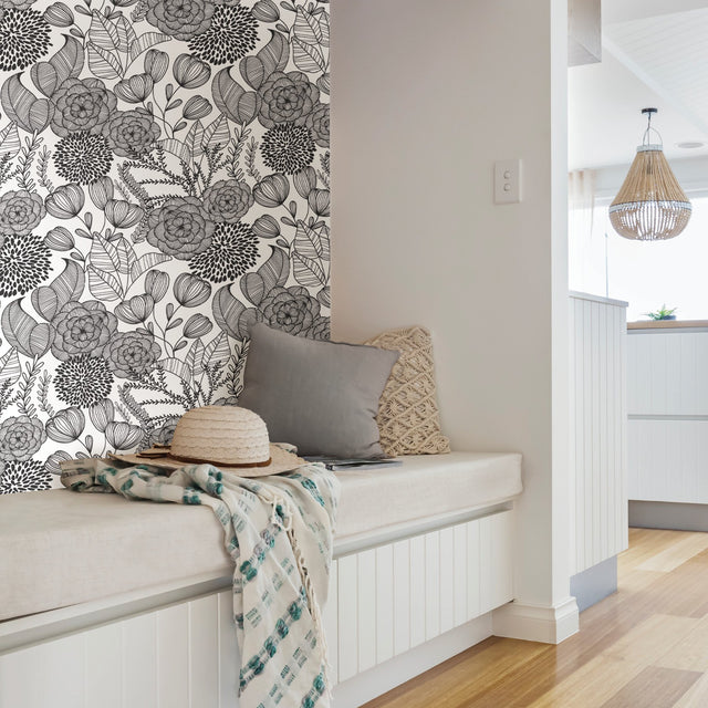 Secret Garden Black Peel & Stick Wallpaper with Whimsical Botanical Floral Pattern - NuWallpaper NUS3501