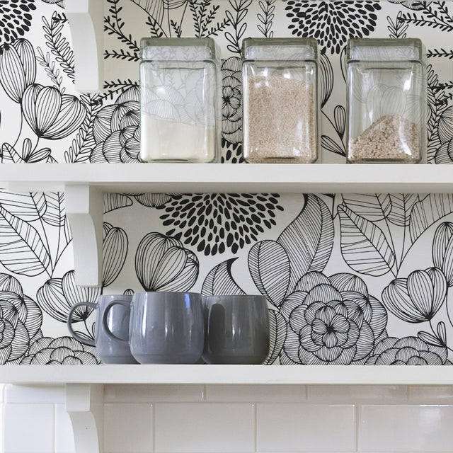 Secret Garden Black Peel & Stick Wallpaper with Whimsical Botanical Floral Pattern - NuWallpaper NUS3501