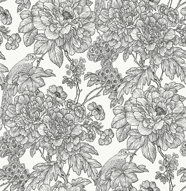 Sudbury Black & White Peel & Stick Wallpaper with Vintage Floral Pattern - NuWallpaper NUS3544
