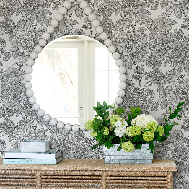 Sudbury Black & White Peel & Stick Wallpaper with Vintage Floral Pattern - NuWallpaper NUS3544