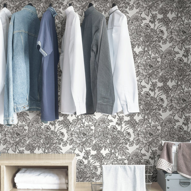 Sudbury Black & White Peel & Stick Wallpaper with Vintage Floral Pattern - NuWallpaper NUS3544