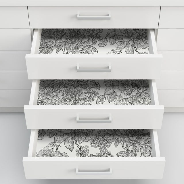 Sudbury Black & White Peel & Stick Wallpaper with Vintage Floral Pattern - NuWallpaper NUS3544
