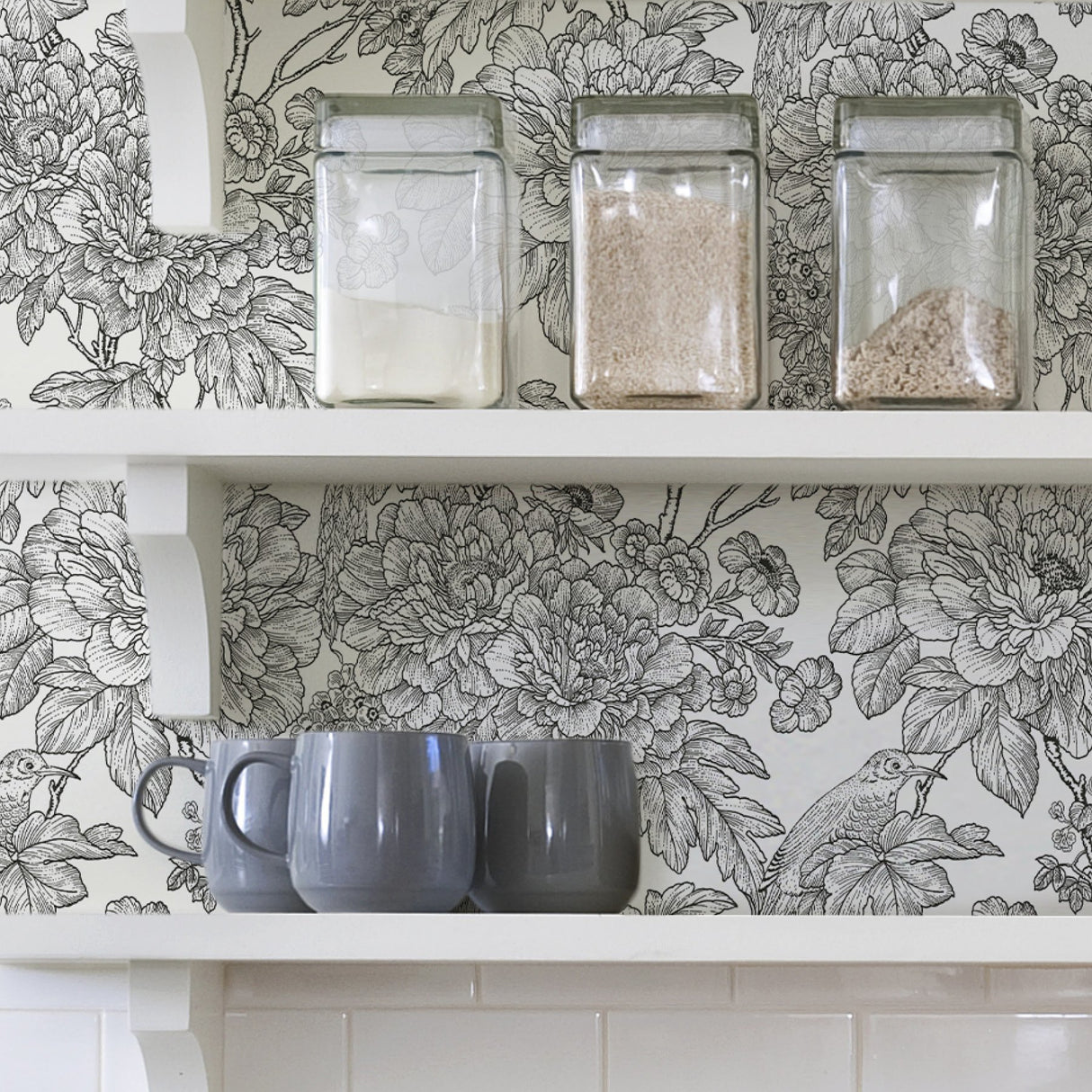 Sudbury Black & White Peel & Stick Wallpaper with Vintage Floral Pattern - NuWallpaper NUS3544