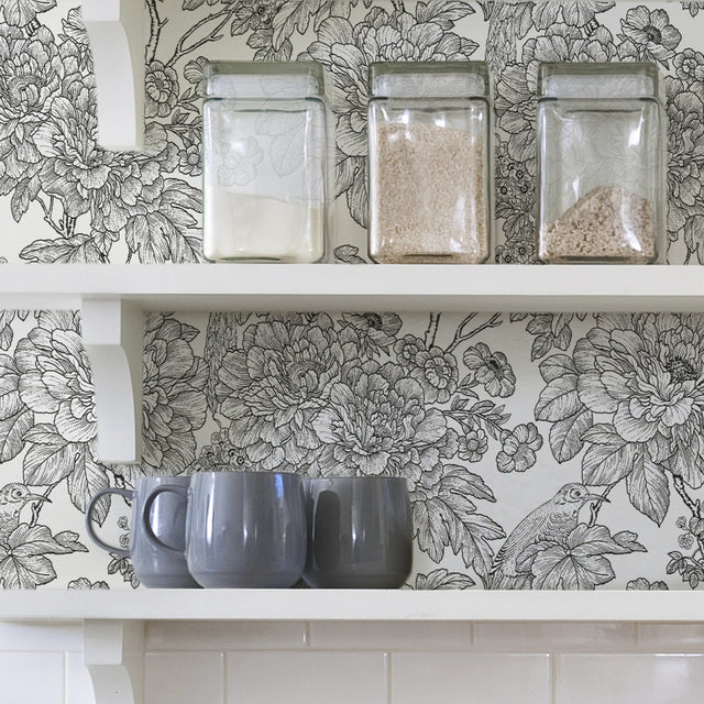 Sudbury Black & White Peel & Stick Wallpaper with Vintage Floral Pattern - NuWallpaper NUS3544