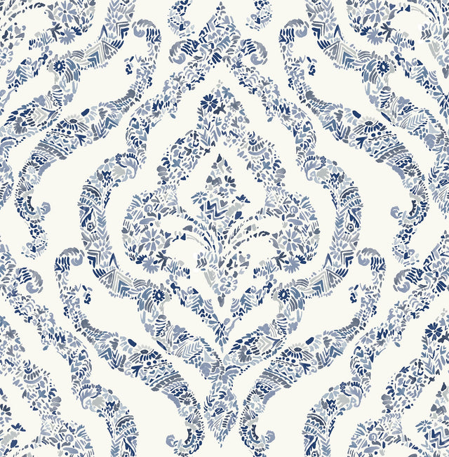 Guildford Blue Peel & Stick Wallpaper with Floral Damask Pattern - NuWallpaper NUS3547