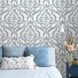 Guildford Blue Peel & Stick Wallpaper with Floral Damask Pattern - NuWallpaper NUS3547
