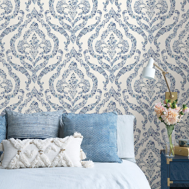 Guildford Blue Peel & Stick Wallpaper with Floral Damask Pattern - NuWallpaper NUS3547