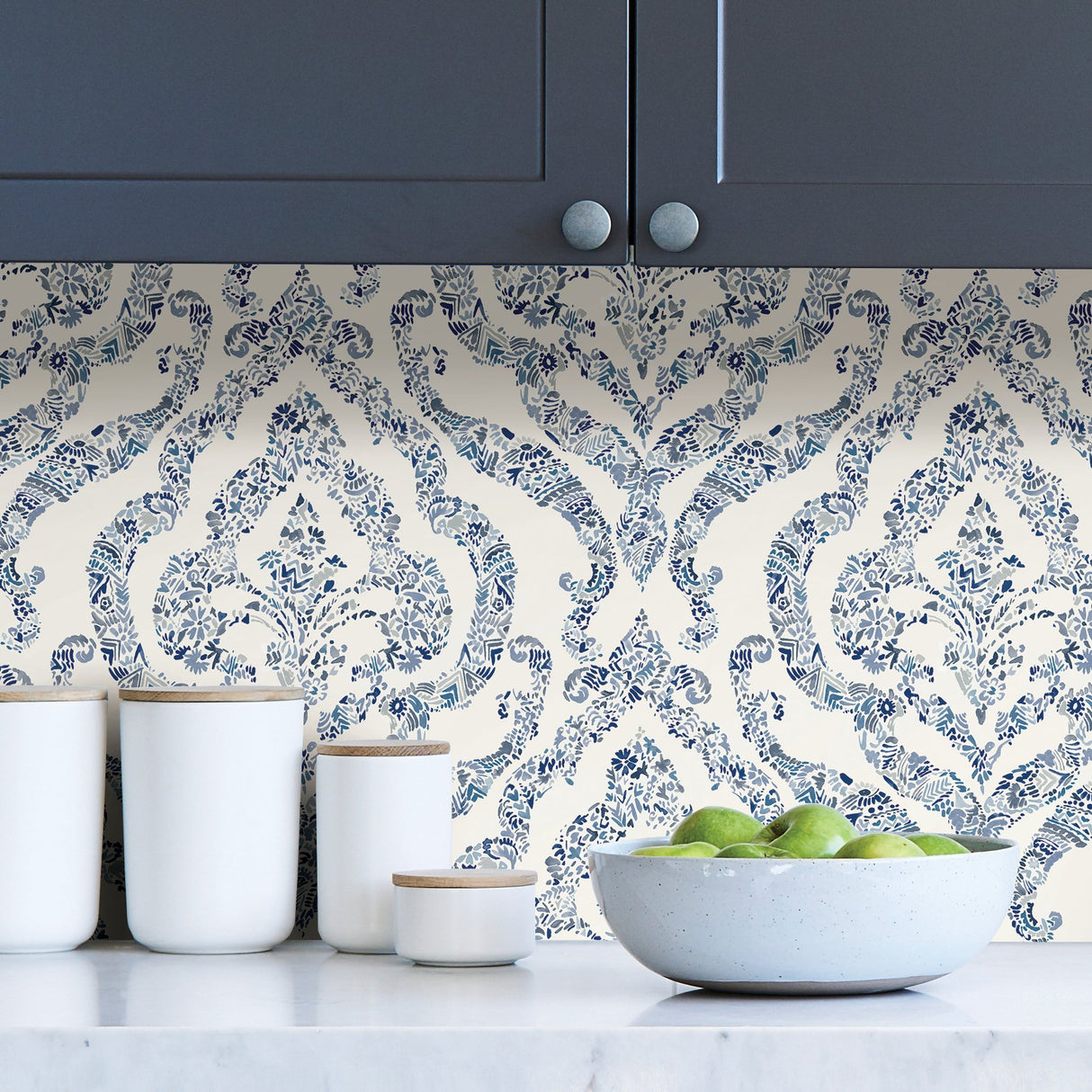 Guildford Blue Peel & Stick Wallpaper with Floral Damask Pattern - NuWallpaper NUS3547