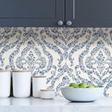 Guildford Blue Peel & Stick Wallpaper with Floral Damask Pattern - NuWallpaper NUS3547