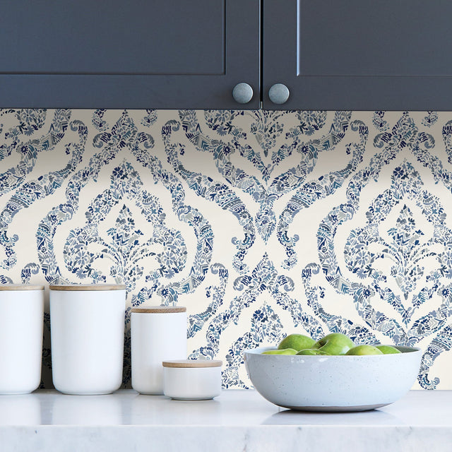 Guildford Blue Peel & Stick Wallpaper with Floral Damask Pattern - NuWallpaper NUS3547