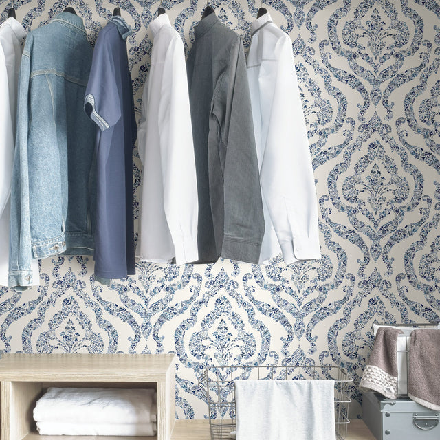 Guildford Blue Peel & Stick Wallpaper with Floral Damask Pattern - NuWallpaper NUS3547
