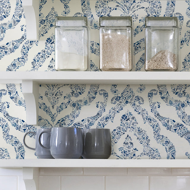 Guildford Blue Peel & Stick Wallpaper with Floral Damask Pattern - NuWallpaper NUS3547