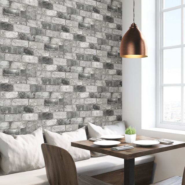 Grey London Brick Peel & Stick Wallpaper with Textured Industrial Brick Pattern - NuWallpaper NUS3550