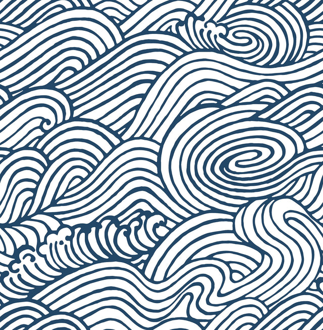 Saybrook Navy Peel & Stick Wallpaper with Modern Ocean Wave Motif - NuWallpaper NUS3562
